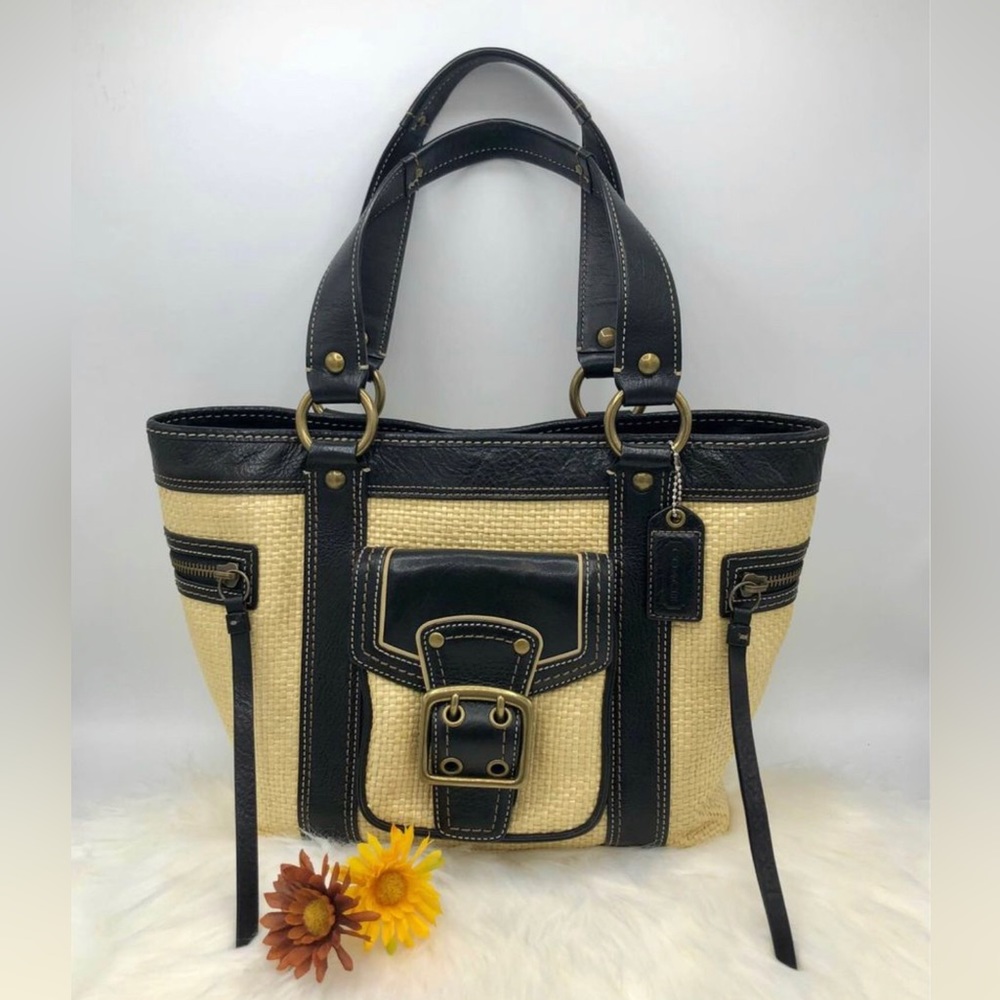 COACH vintage Legacy Natural Straw Brown Leather Trim Big Buckle Tote